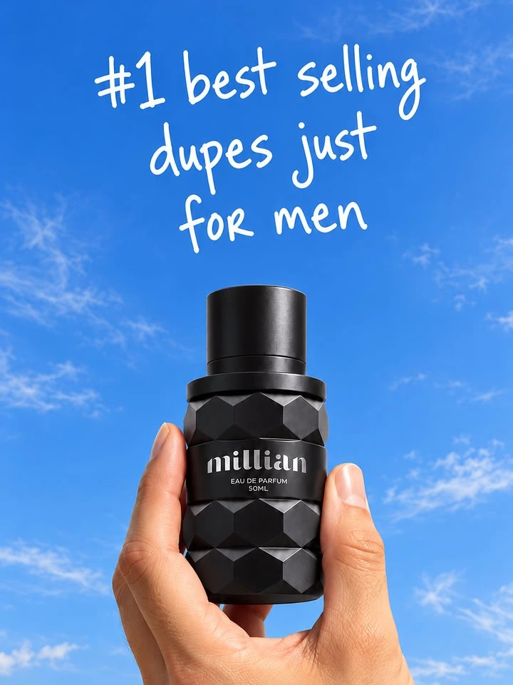 A hand holding a Millian bottle against a blue sky: #1 best selling dupes just for men