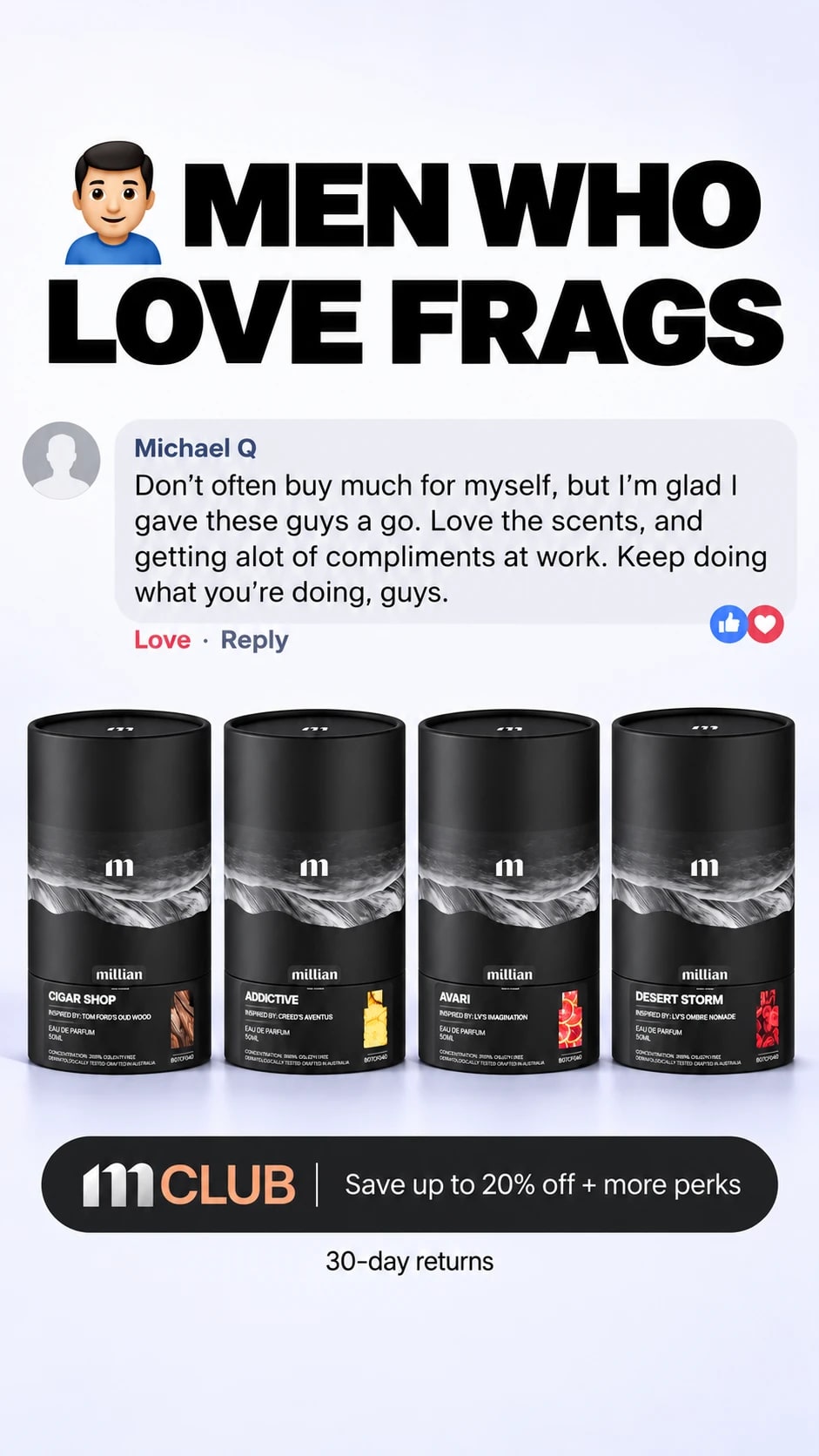 Men who love frags: Cigar Shop, Addictive, Avari and Desert Storm in their Millian boxes. 30-day returns.